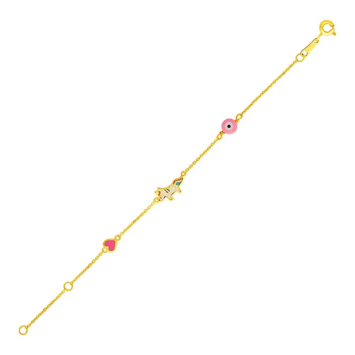 Bracelets MayaMila 14k Yellow Gold 5 12 inch Childrens Bracelet with Enameled Heart Unicorn and Circle Bracelets MayaMila 14k Yellow Gold 5 12 inch Childrens Bracelet with Enameled Heart Unicorn and Circle