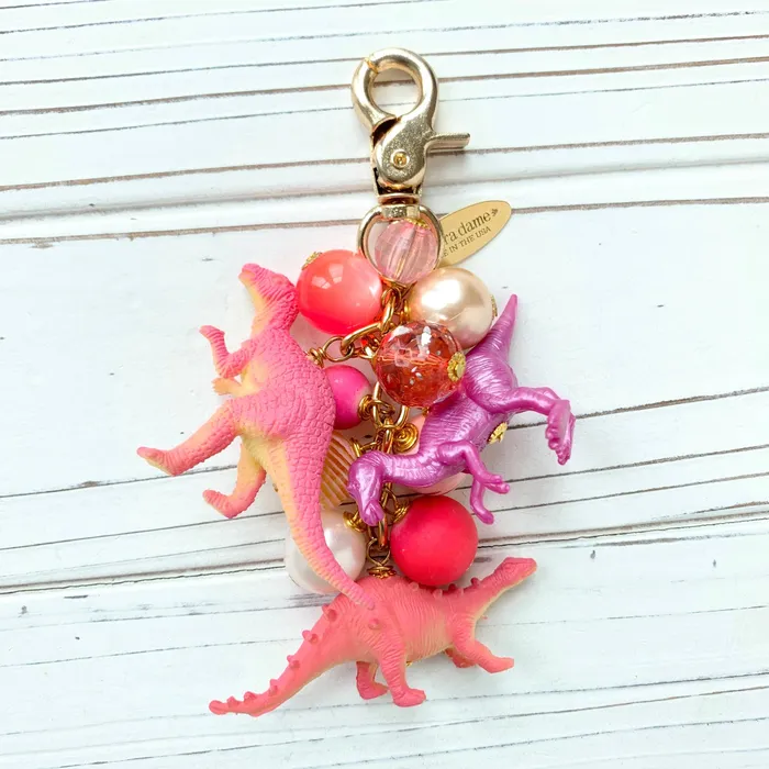 Dinosaur Purse Charm in Taffy Pink Lenora Dame Earrings