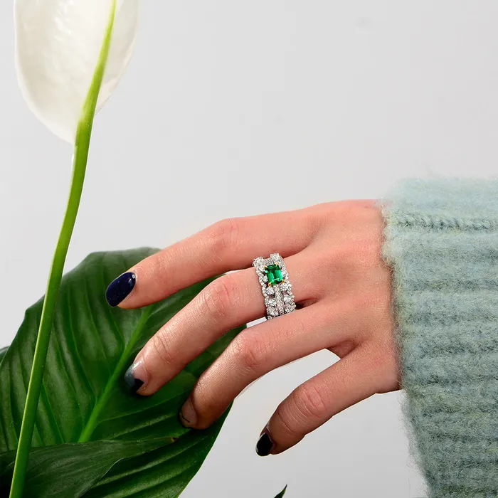 Eva Emerald American Diamond Silver Ring Mystic Flavia Rings