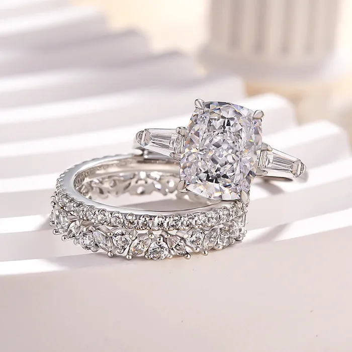 Rings shineofdiamond 3PCS Cushion Cut Three Stone Bridal Set Rings In Sterling Silver