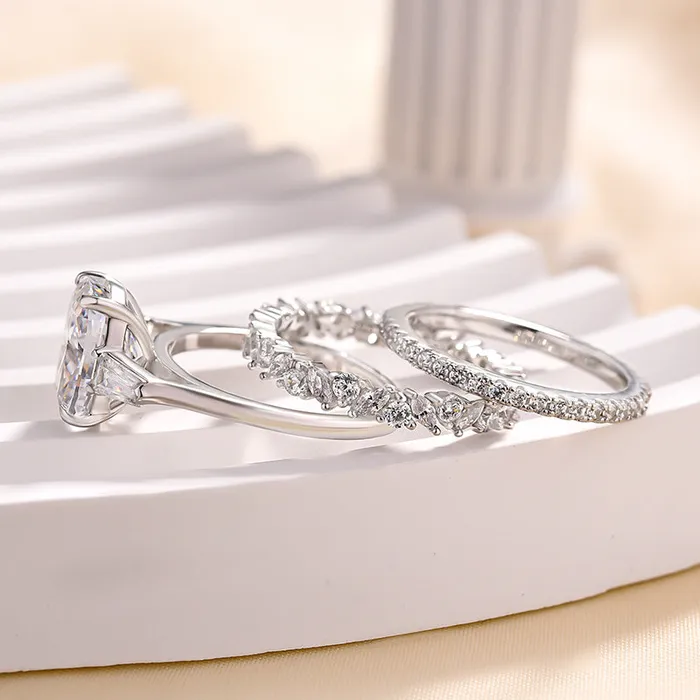 Rings shineofdiamond 3PCS Cushion Cut Three Stone Bridal Set Rings In Sterling Silver