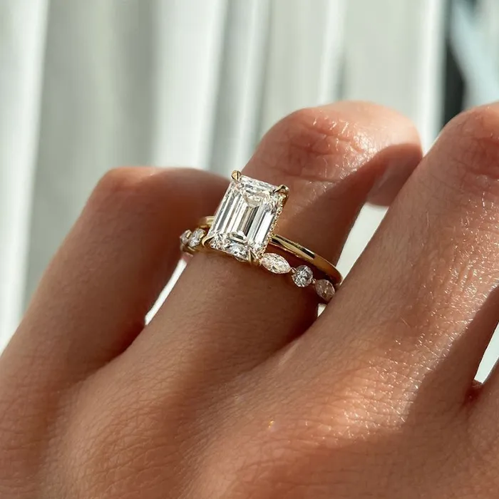 Shineofdiamond Rings 2pcs Exclusive Golden Tone Emerald Cut Bridal Set For Women In Sterling Silver Shineofdiamond Rings 2pcs Exclusive Golden Tone Emerald Cut Bridal Set For Women In Sterling Silver