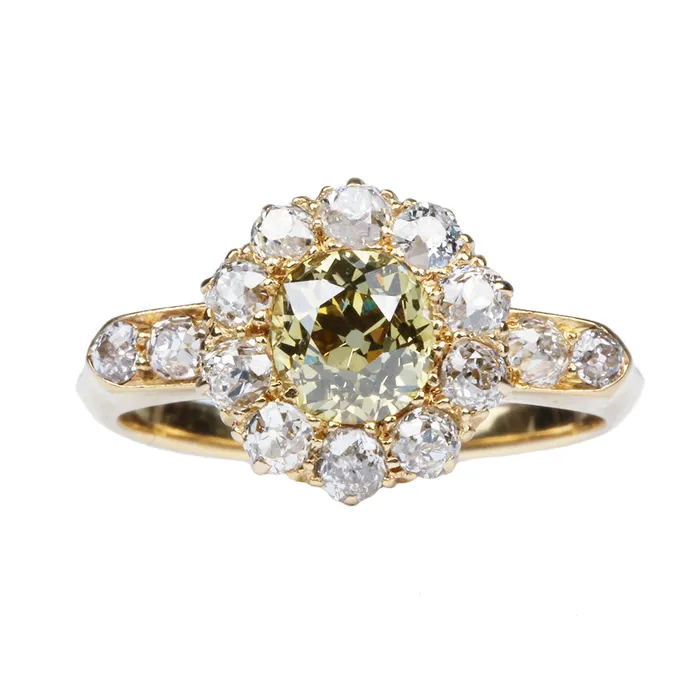 19th Century Yellow Diamond Cluster Ring Bell Bird Antiques Rings