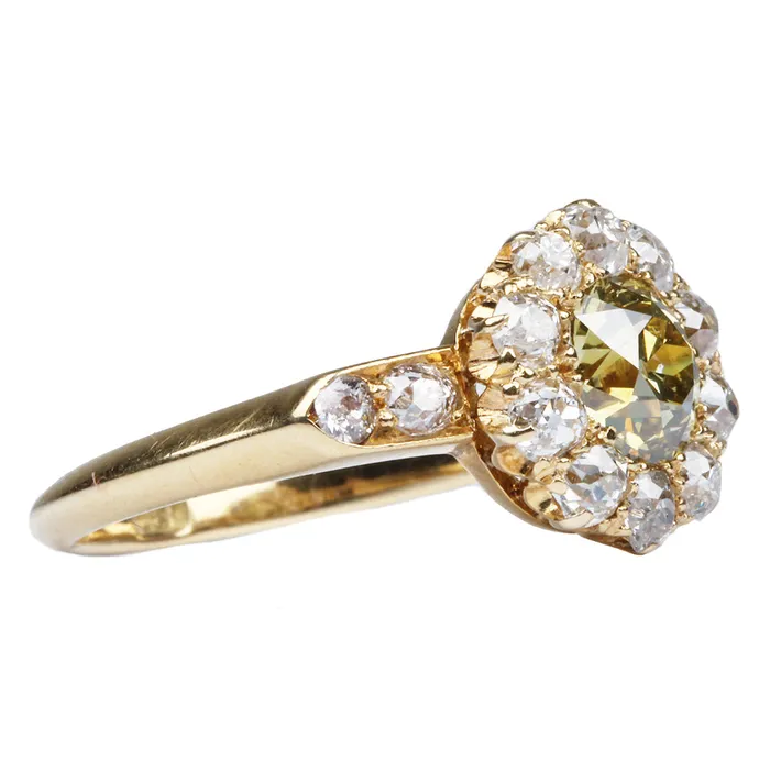 19th Century Yellow Diamond Cluster Ring Bell Bird Antiques Rings