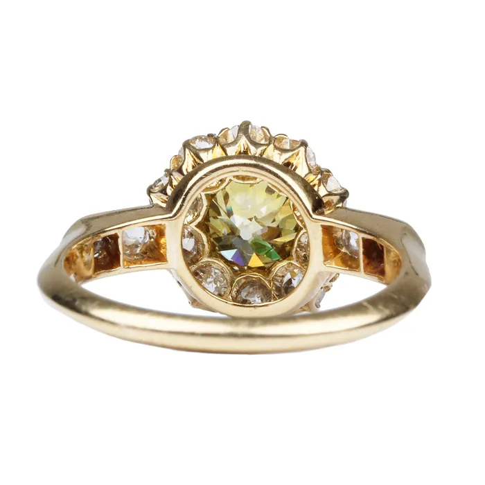 19th Century Yellow Diamond Cluster Ring Bell Bird Antiques Rings