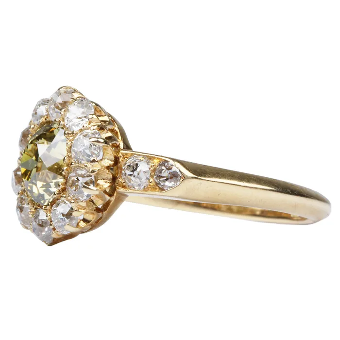 19th Century Yellow Diamond Cluster Ring Bell Bird Antiques Rings