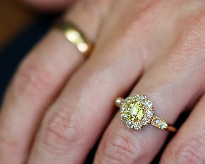19th Century Yellow Diamond Cluster Ring Bell Bird Antiques Rings