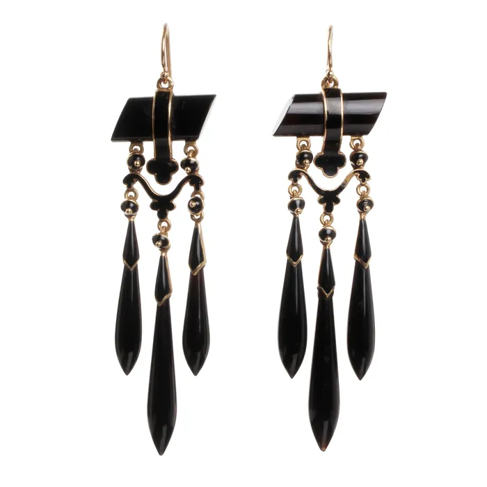Bell Bird Antiques Earrings 19th Century Onyx and Gold Torpedo Drop Earrings