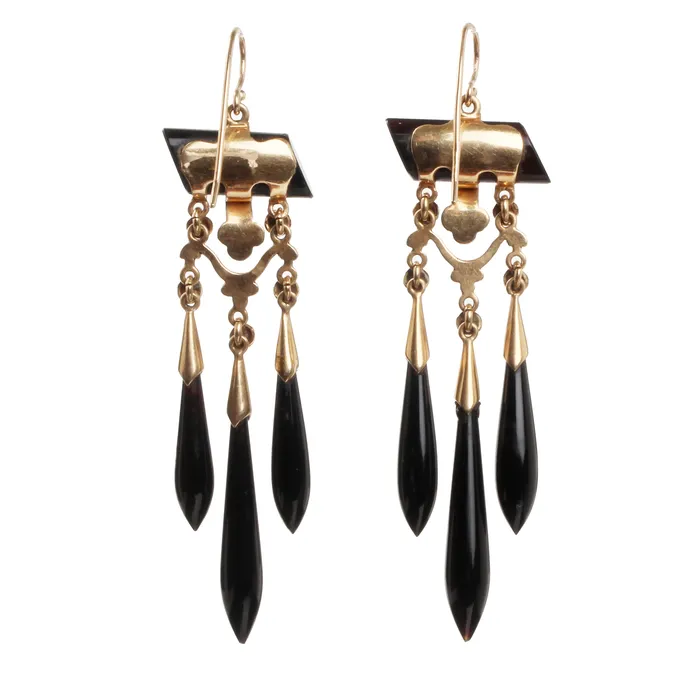 Bell Bird Antiques Earrings 19th Century Onyx and Gold Torpedo Drop Earrings