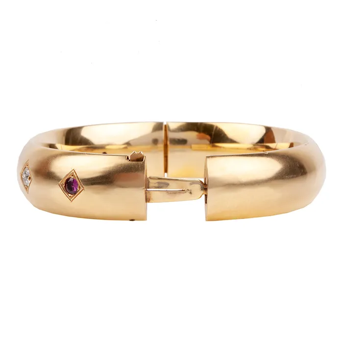 Early 20th Century Ruby and Old European Cut Diamond Bangle Bell Bird Antiques Bracelets