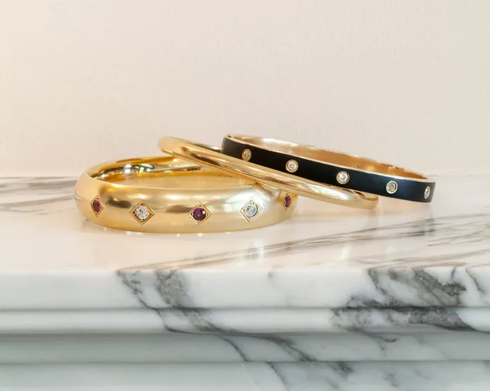 Early 20th Century Ruby and Old European Cut Diamond Bangle Bell Bird Antiques Bracelets