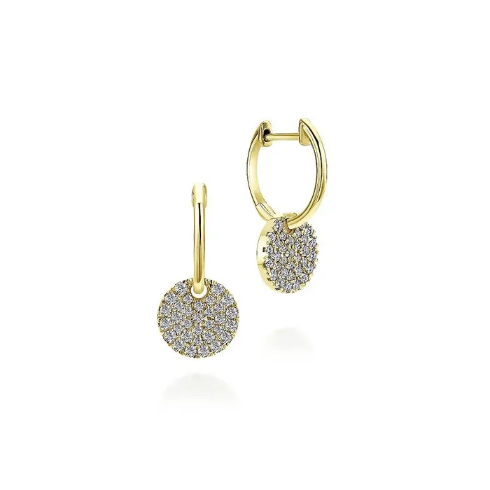 Earrings GABRIEL CO 14K Yellow Gold Diamond Pave Disc Drop Earrings