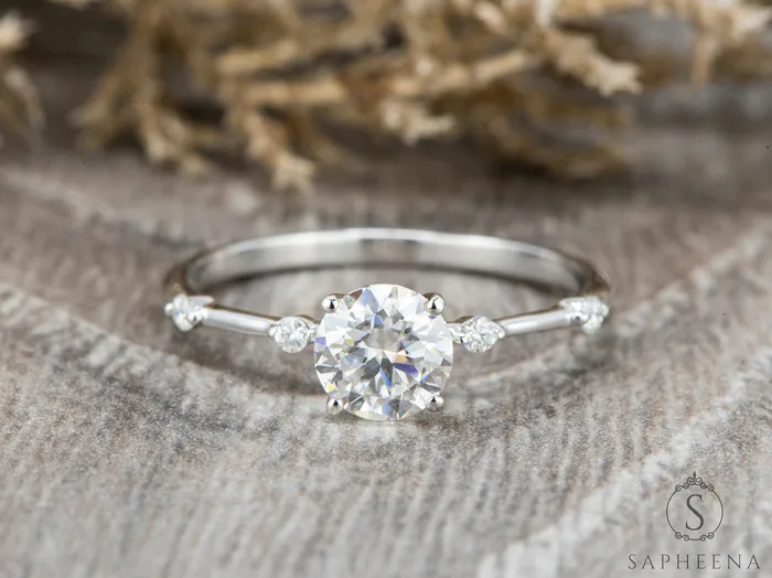 Odina 10 Ct Round Cut Engagement Ring with Side Stones Sapheena Jewelry Rings
