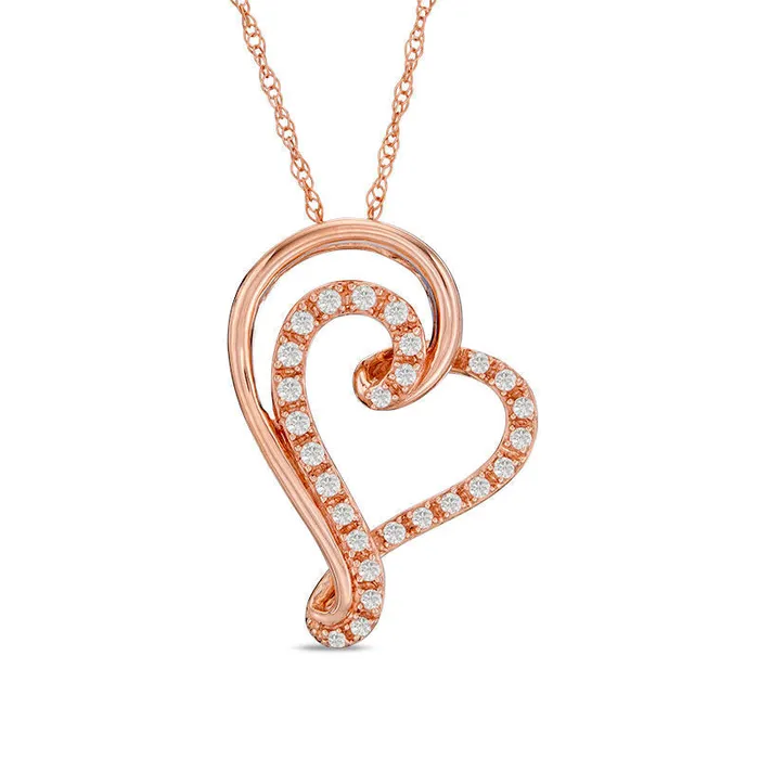 017 CT TW Natural Diamond Swirl Heart Pendant in 10K Rose Gold Goldia Necklaces
