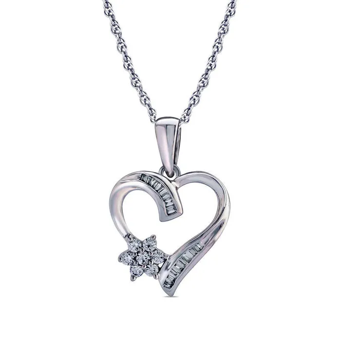 02 CT TW Natural Diamond Baguette and Round Heart Pendant in 10K White Gold Goldia Necklaces 02 CT TW Natural Diamond Baguette and Round Heart Pendant in 10K White Gold Goldia Necklaces