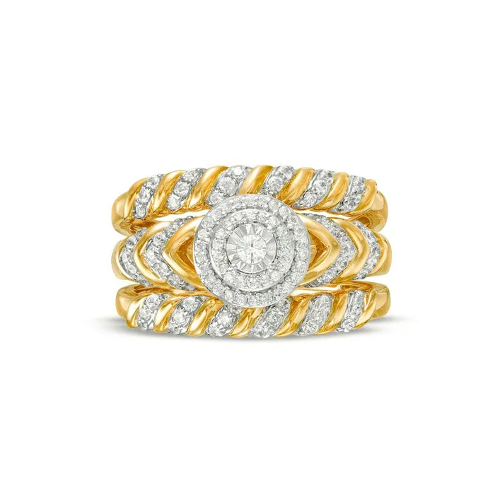 050 CT TW Natural Diamond Double Frame Spiral Three Piece Bridal Engagement Ring Set in Solid 10K Yellow Gold JI3 Goldia Rings 050 CT TW Natural Diamond Double Frame Spiral Three Piece Bridal Engagement Ring Set in Solid 10K Yellow Gold JI3 Goldia Rings