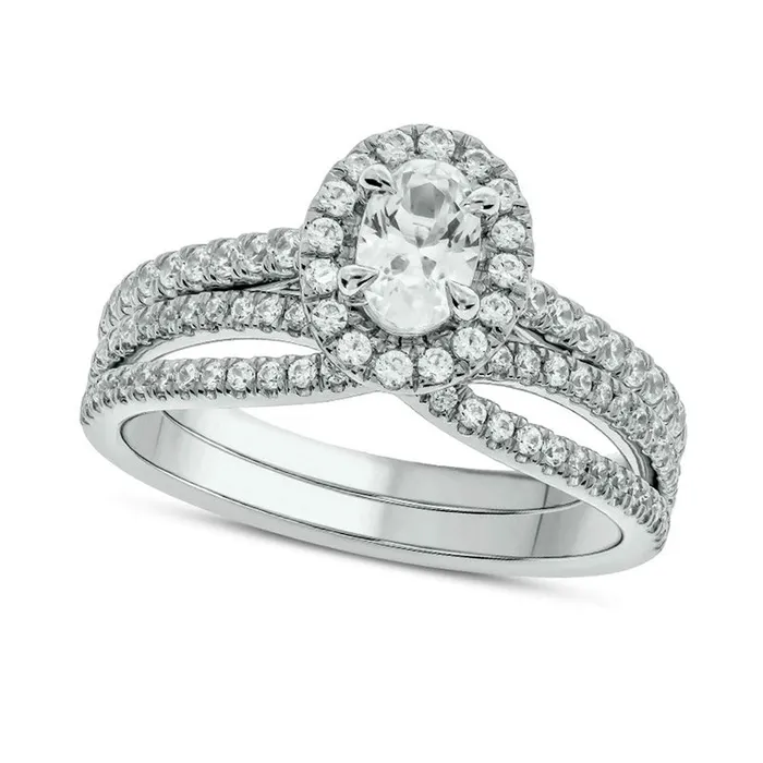 10 CT TW Oval Natural Diamond Frame Crossover Bridal Engagement Ring Set in Solid 10K White Gold Goldia Rings