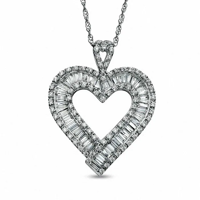 1 CT TW Baguette Natural Diamond Heart Pendant in Sterling Silver Goldia Necklaces 1 CT TW Baguette Natural Diamond Heart Pendant in Sterling Silver Goldia Necklaces