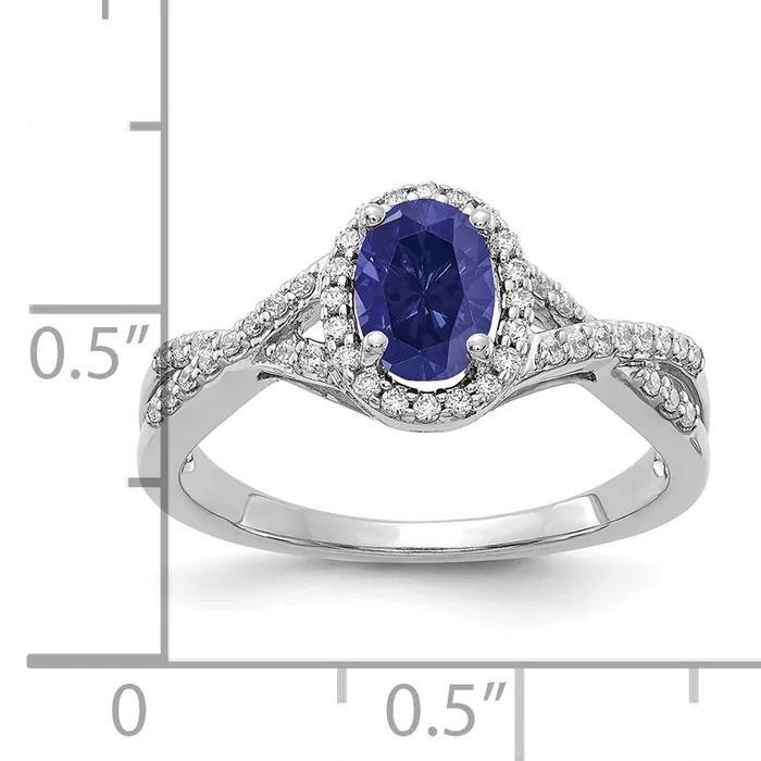 14k White Gold 15 Ct Lab Grown Diamond VSSI G and Lab Created Blue Sapphire Oval Halo Ring Goldia Rings