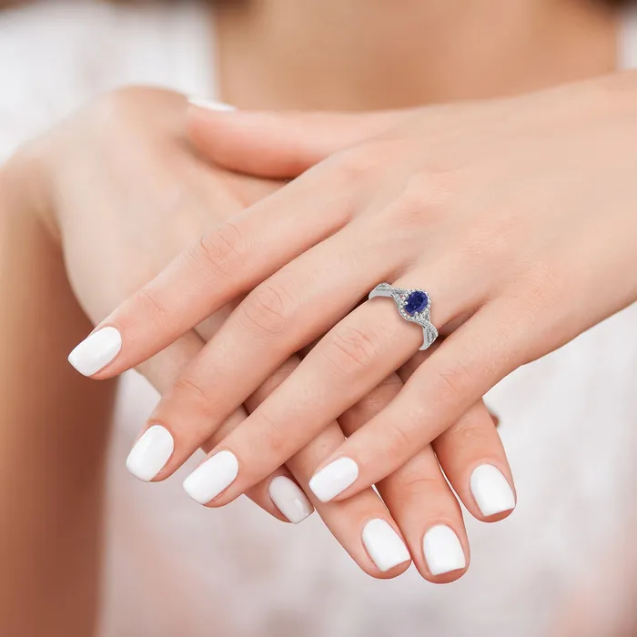 14k White Gold 15 Ct Lab Grown Diamond VSSI G and Lab Created Blue Sapphire Oval Halo Ring Goldia Rings
