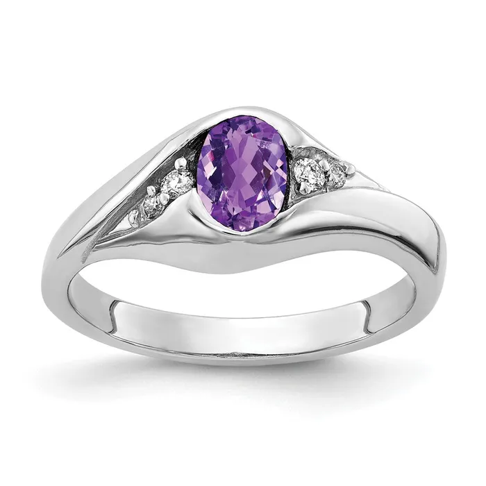 14k White Gold 6x4mm Oval Amethyst AAA Real Diamond ring goldiaca Rings