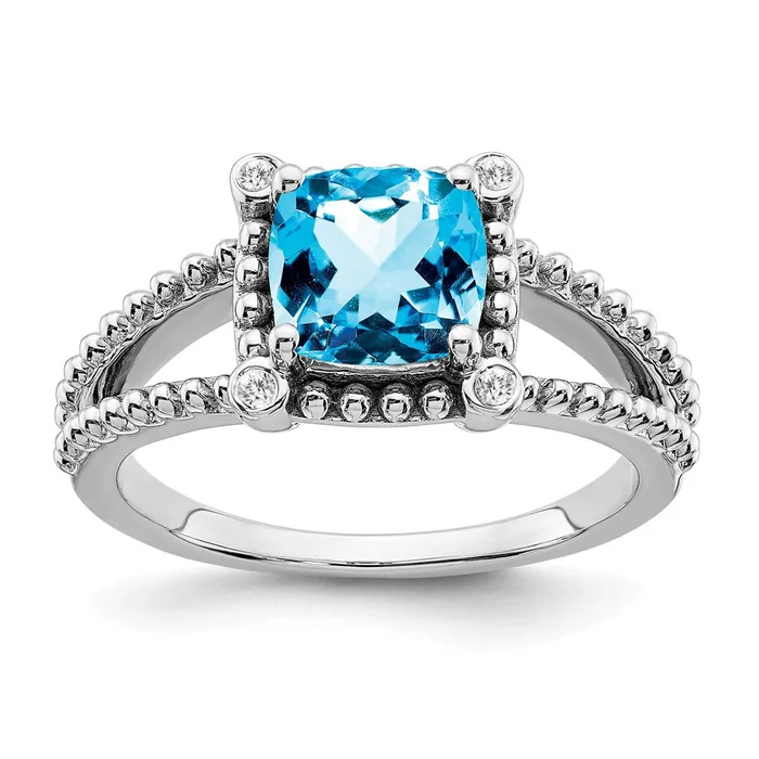 14k White Gold Cushion Blue Topaz and Real Diamond Ring Goldia Rings
