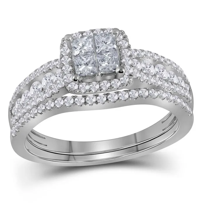 14k White Gold Princess Diamond Halo Bridal Wedding Ring Set 1 Cttw gndatlanta Rings