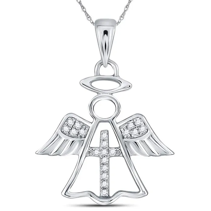 14k White Gold Round Diamond Angel Cross Religious Pendant 120 Cttw gndatlanta Necklaces