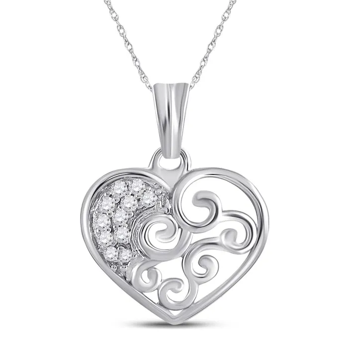 14k White Gold Round Diamond Curl Heart Pendant 112 Cttw gndatlanta Necklaces