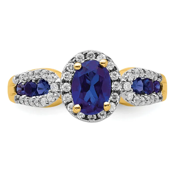 14k Yellow Gold 13 Ct Lab Grown Diamond VSSI G and Oval Lab Created Blue Sapphire Ring Goldia Rings