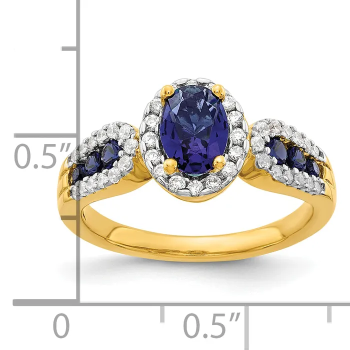 14k Yellow Gold 13 Ct Lab Grown Diamond VSSI G and Oval Lab Created Blue Sapphire Ring Goldia Rings