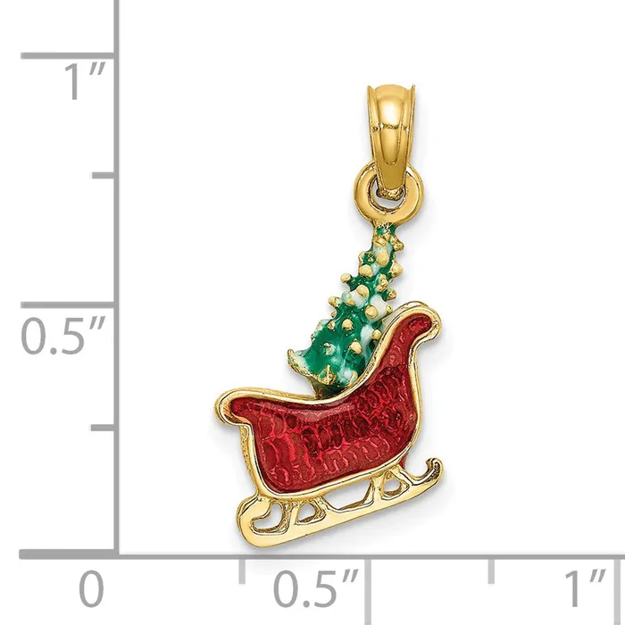 14k Yellow Gold 3D Enamel Sleigh wChristmas Tree Charm Goldia Charm Necklaces