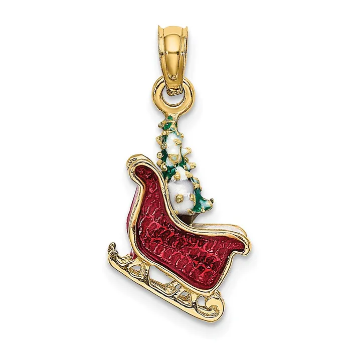 14k Yellow Gold 3D Enamel Sleigh wChristmas Tree Charm Goldia Charm Necklaces