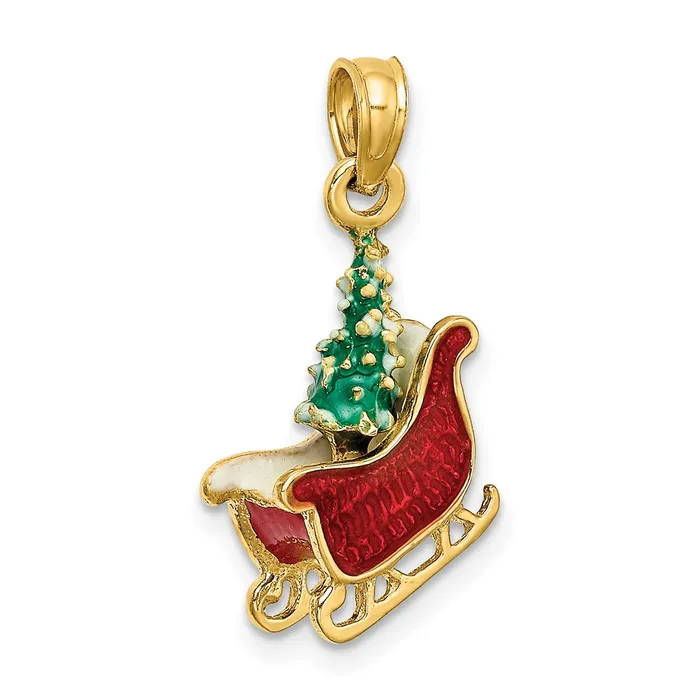 14k Yellow Gold 3D Enamel Sleigh wChristmas Tree Charm Goldia Charm Necklaces