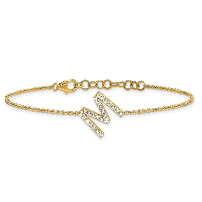 14k Yellow Gold Natural Diamond Sideways Letter M w 1in ext Bracelet goldiaca Bracelets
