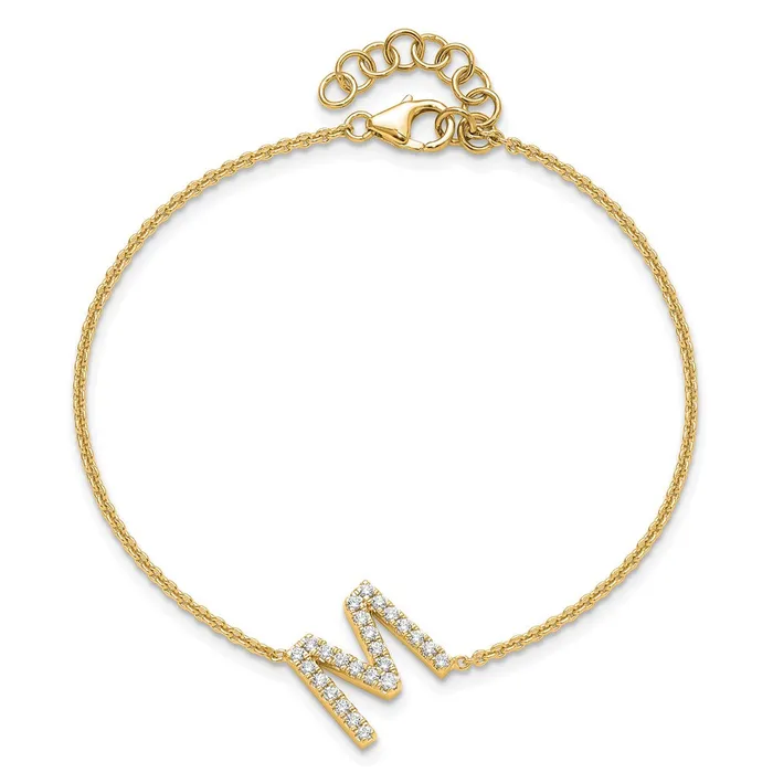 14k Yellow Gold Natural Diamond Sideways Letter M w 1in ext Bracelet goldiaca Bracelets