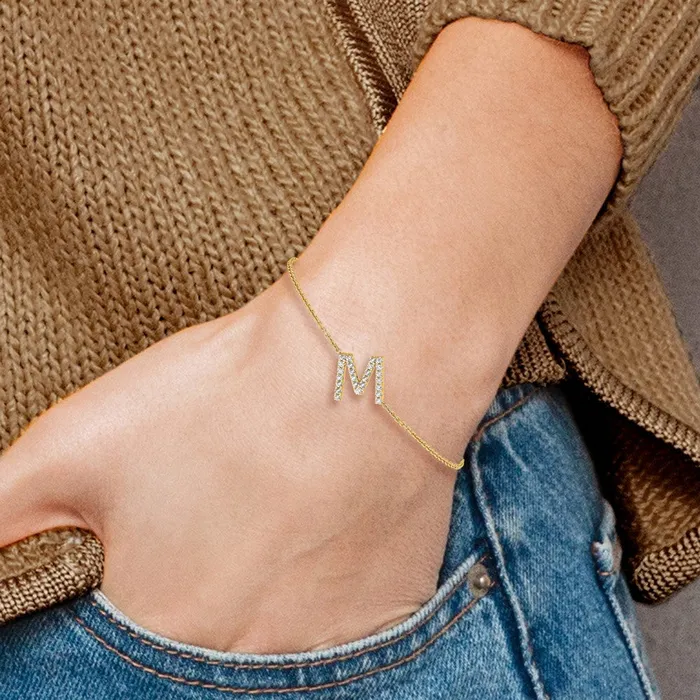 14k Yellow Gold Natural Diamond Sideways Letter M w 1in ext Bracelet goldiaca Bracelets