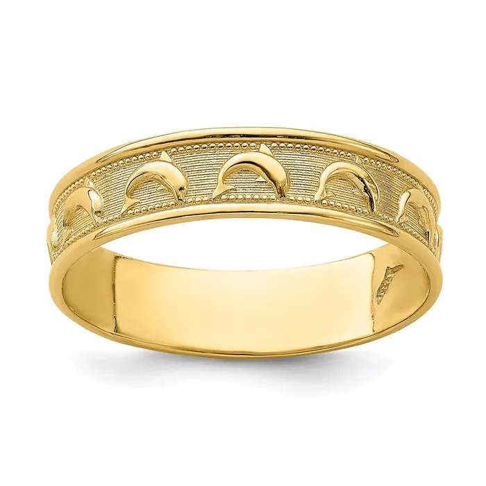 14K Yellow Gold Polished and Textured Dolphin Engraved Thumb Ring Goldia Rings