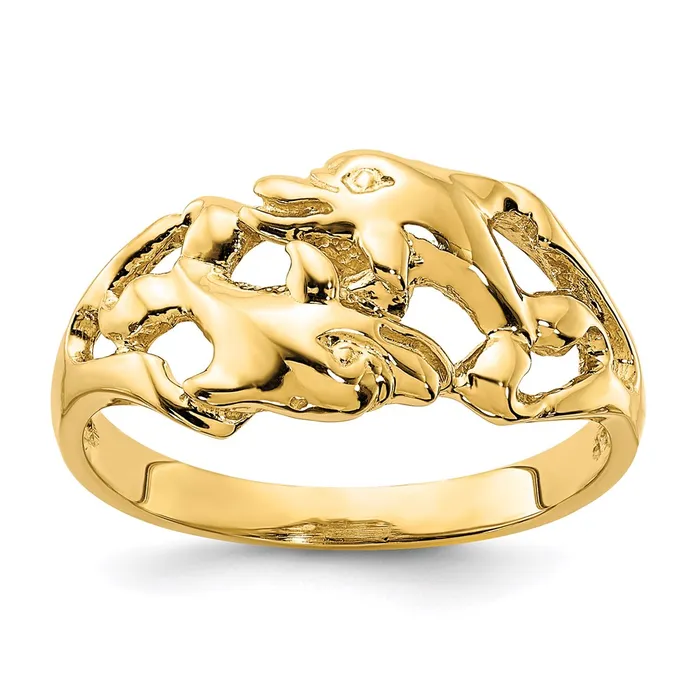 14K Yellow Gold Polished Double Dolphins Swimming Ring Goldia Rings