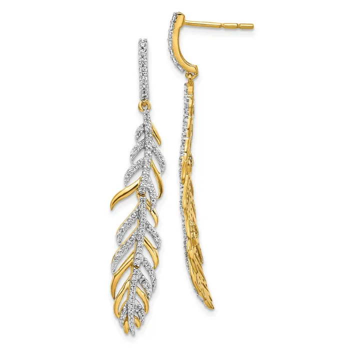 14k Yellow Gold Real Diamond Fancy Feather Earrings Goldia Earrings
