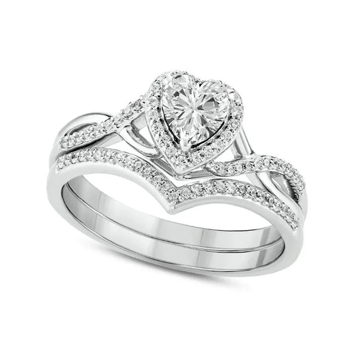 50mm HeartShaped White LabCreated Sapphire and 020 CT TW Diamond Frame Twist Shank Bridal Engagement Ring Set in Sterling Silver Goldia Rings 50mm HeartShaped White LabCreated Sapphire and 020 CT TW Diamond Frame Twist Shank Bridal Engagement Ring Set in Sterling Silver Goldia Rings