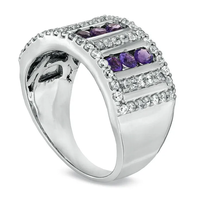 Amethyst and 063 CT TW Natural Diamond Triple Row Ring in Sterling Silver Goldia Rings