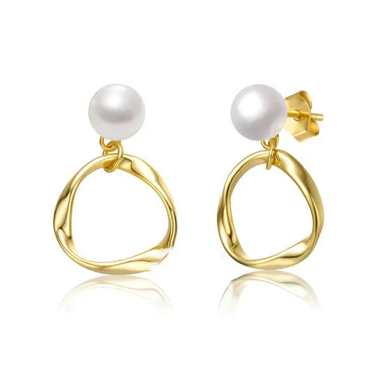 Earrings JMS always Original Megan Walford Sterling Silver 14k Yellow Gold Plated with White Pearl Twisted Eternity Circle Halo Double Drop Dangle Earrings