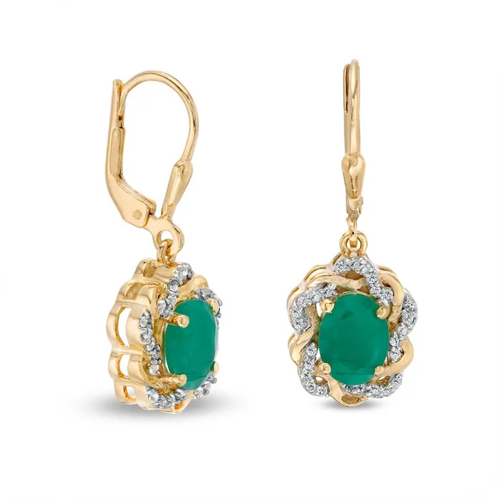 Earrings Oval Emerald and White Topaz Twist Frame Drop Earrings in Sterling Silver with 14K Gold Plate Goldia Earrings Oval Emerald and White Topaz Twist Frame Drop Earrings in Sterling Silver with 14K Gold Plate Goldia