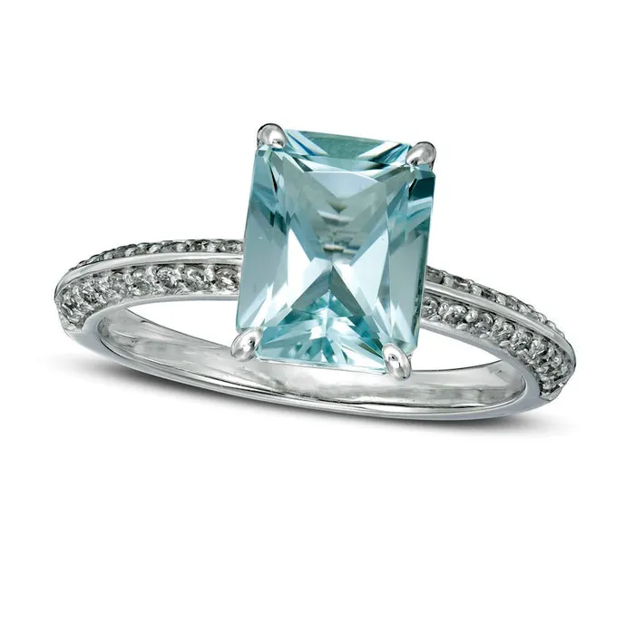 EmeraldCut Aquamarine and 025 CT TW Natural Diamond Ring in Solid 14K White Gold Size 7 Goldia Rings EmeraldCut Aquamarine and 025 CT TW Natural Diamond Ring in Solid 14K White Gold Size 7 Goldia Rings