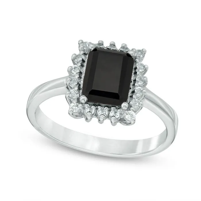EmeraldCut Onyx and White Topaz Starburst Frame Ring in Sterling Silver Goldia Rings