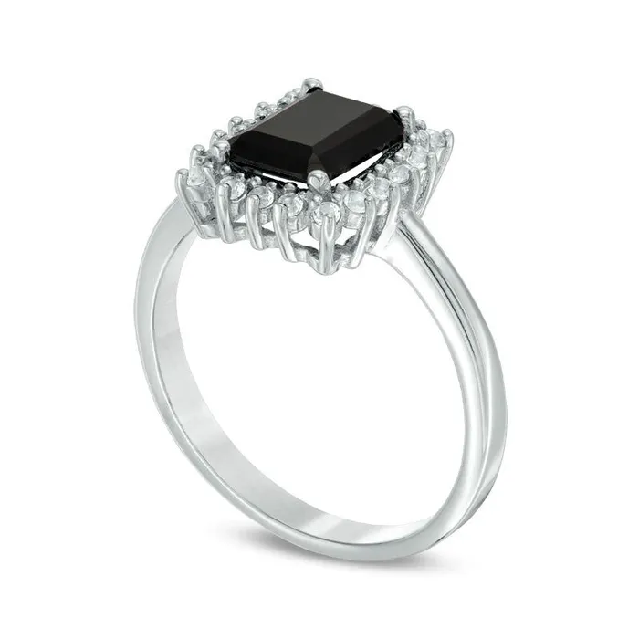 EmeraldCut Onyx and White Topaz Starburst Frame Ring in Sterling Silver Goldia Rings EmeraldCut Onyx and White Topaz Starburst Frame Ring in Sterling Silver Goldia Rings