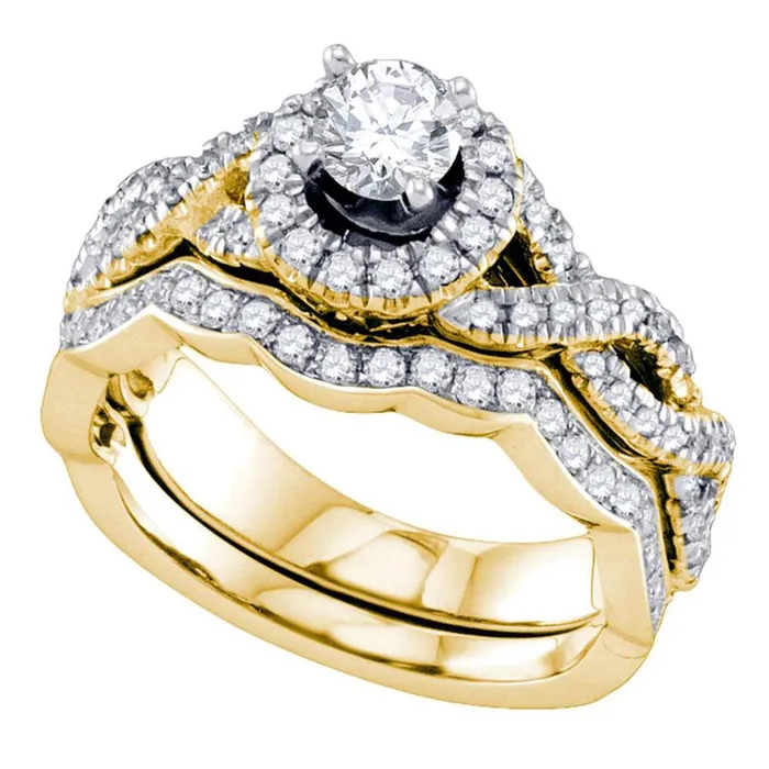gndatlanta 14k Yellow Gold Round Diamond Twist Halo Bridal Wedding Ring Set 1 Cttw Certified Rings gndatlanta 14k Yellow Gold Round Diamond Twist Halo Bridal Wedding Ring Set 1 Cttw Certified Rings