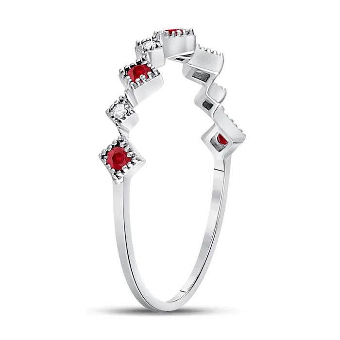 gndatlanta Rings 14k White Gold Round Ruby Diamond Milgrain Square Stackable Band Ring 18 Cttw