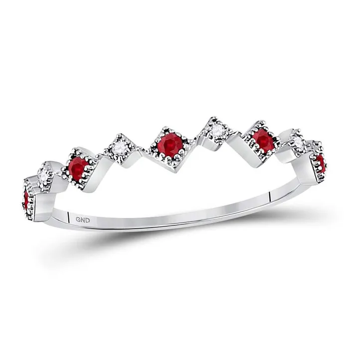 gndatlanta Rings 14k White Gold Round Ruby Diamond Milgrain Square Stackable Band Ring 18 Cttw